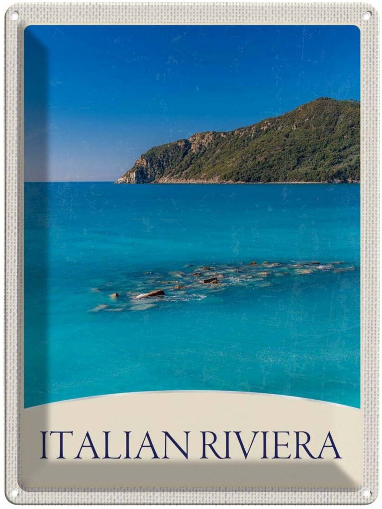 Blechschild 40x30 cm Italien Riviera Urlaub Strand blau Meer Bildmotiv Reisemotiv Abenteuer Reisen Europa