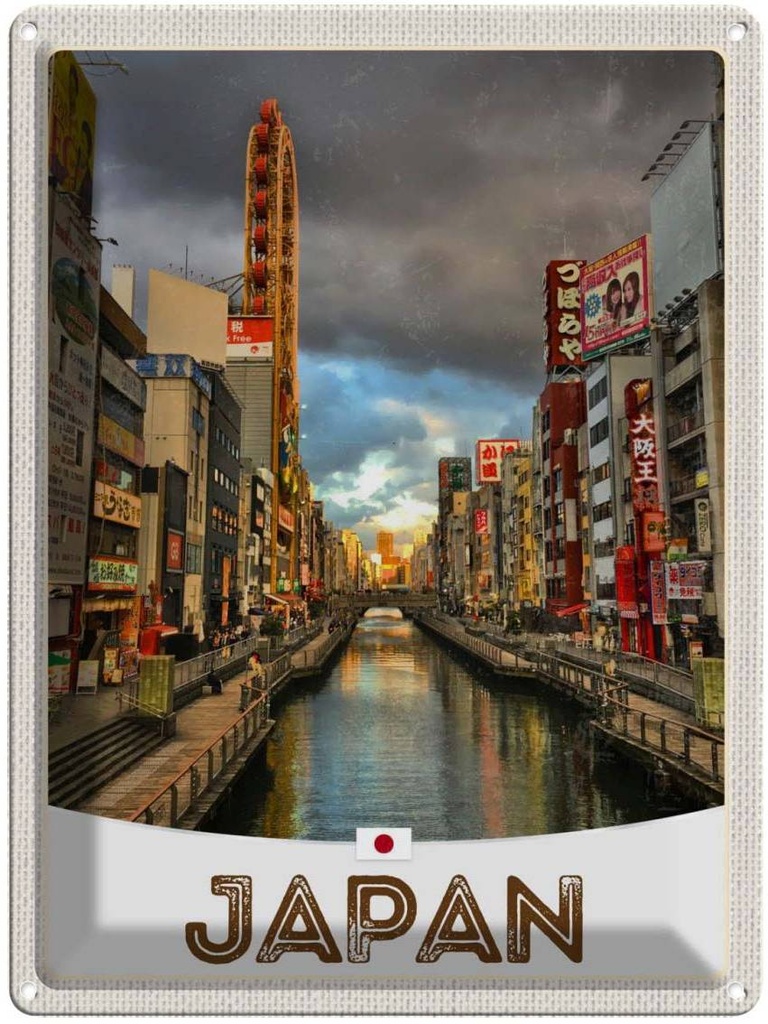 Blechschild 40x30 cm Japan Asien Urlaub Fluss Stadt Bildmotiv Reisemotiv Abenteuer Reisen Straße
