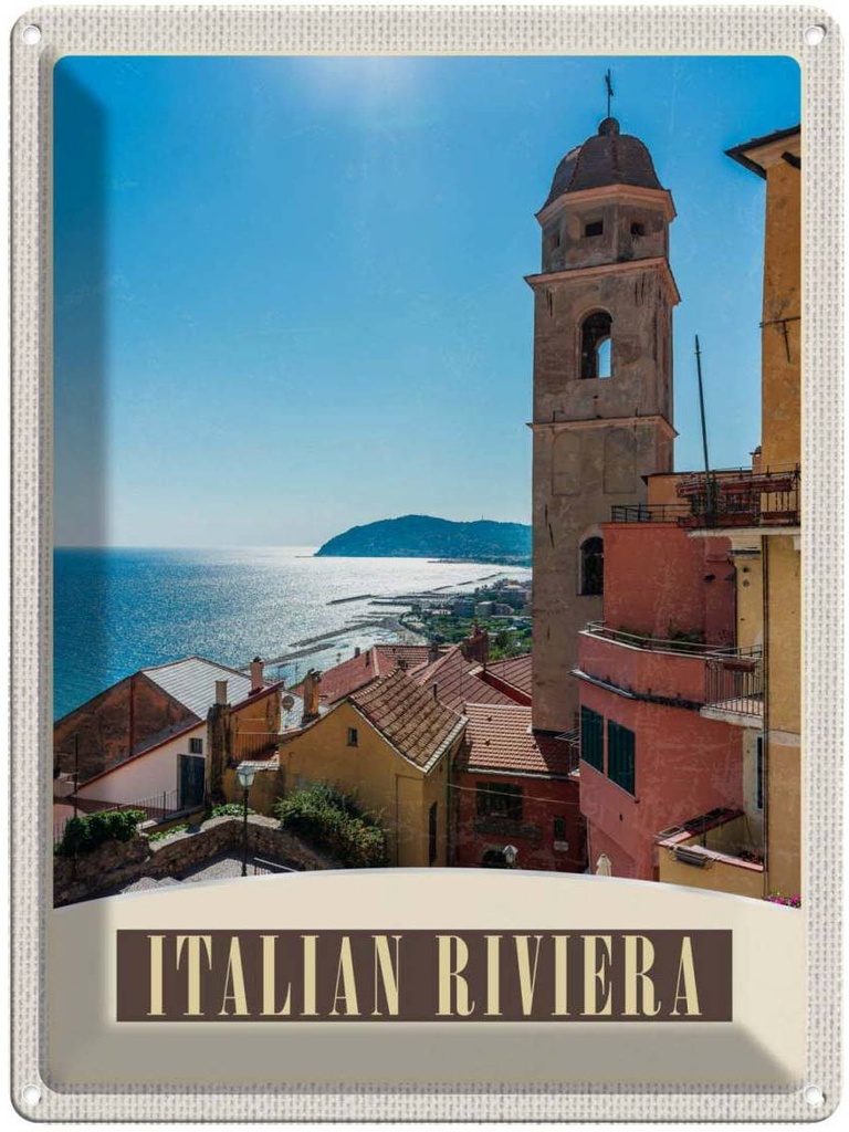 Blechschild 40x30 cm Italien Riviera Urlaub Meer Stadt Strand Bildmotiv Reisemotiv Abenteuer Reisen Europa
