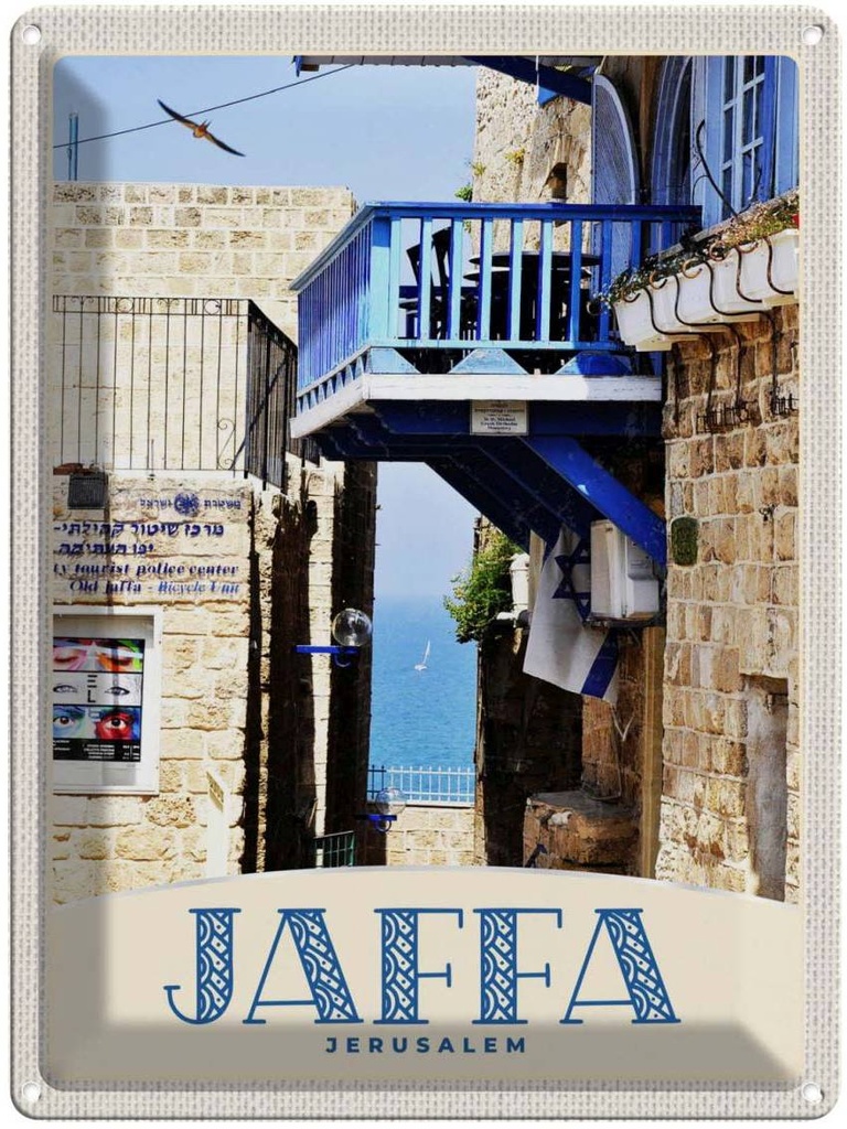 Blechschild 40x30 cm Jaffa Jerusalem Israel Stadt Meer Bildmotiv Reisemotiv Abenteuer Reisen Urlaub