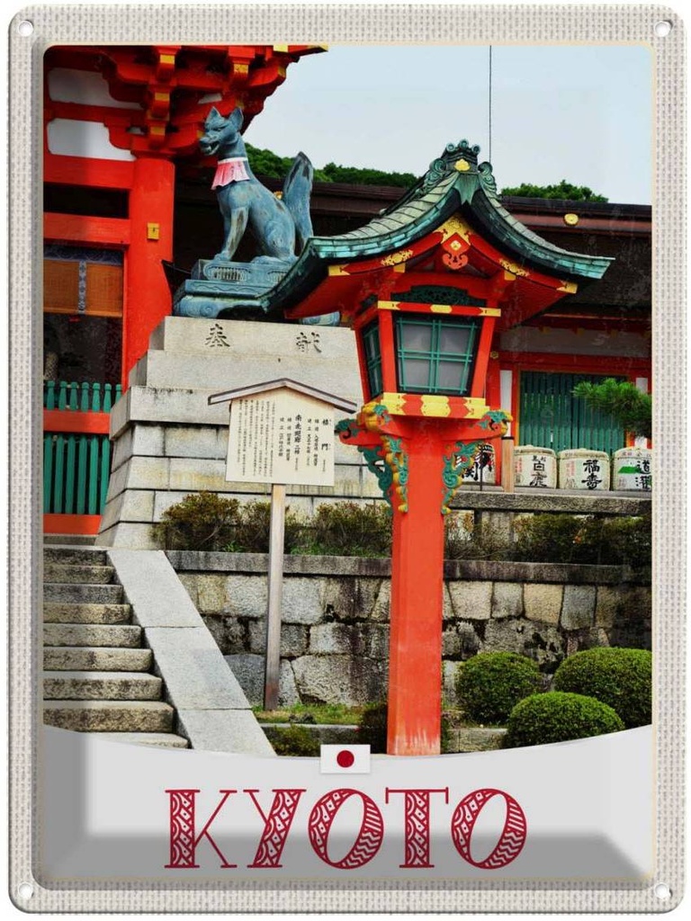 Blechschild 40x30 cm Kyoto Japan Urlaub Skulptur Fuchs Bildmotiv Reisemotiv Abenteuer Reisen Straße Stadt