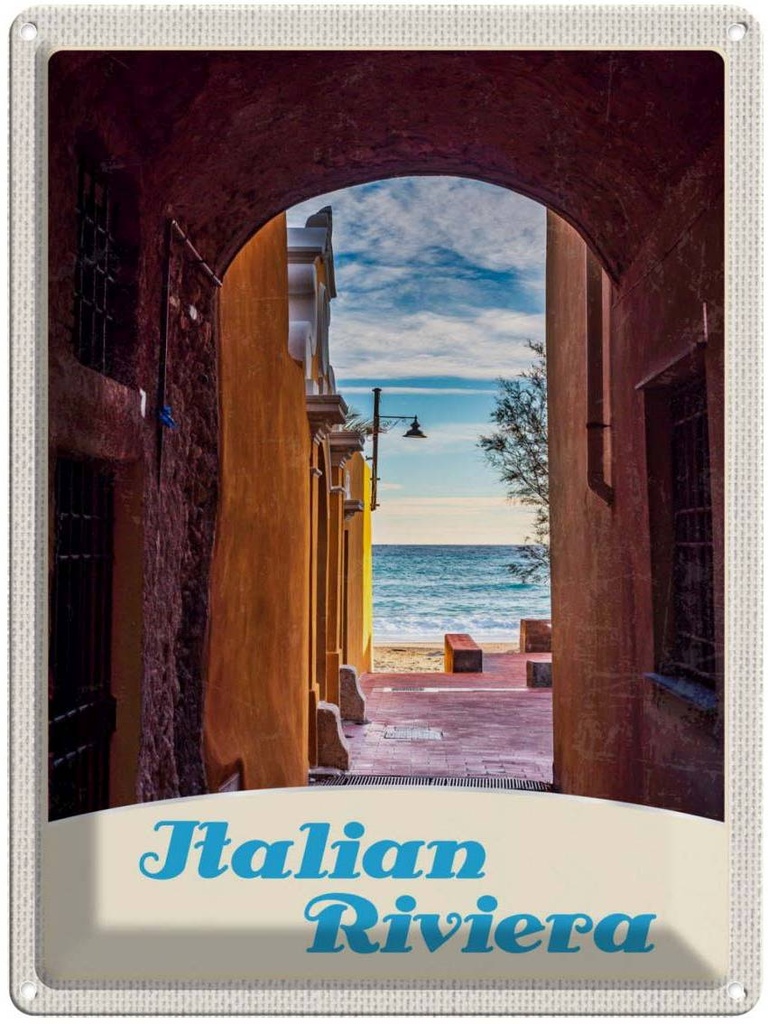 Blechschild 40x30 cm Italien Riviera Strand Meer Bildmotiv Reisemotiv Abenteuer Reisen Europa Urlaub