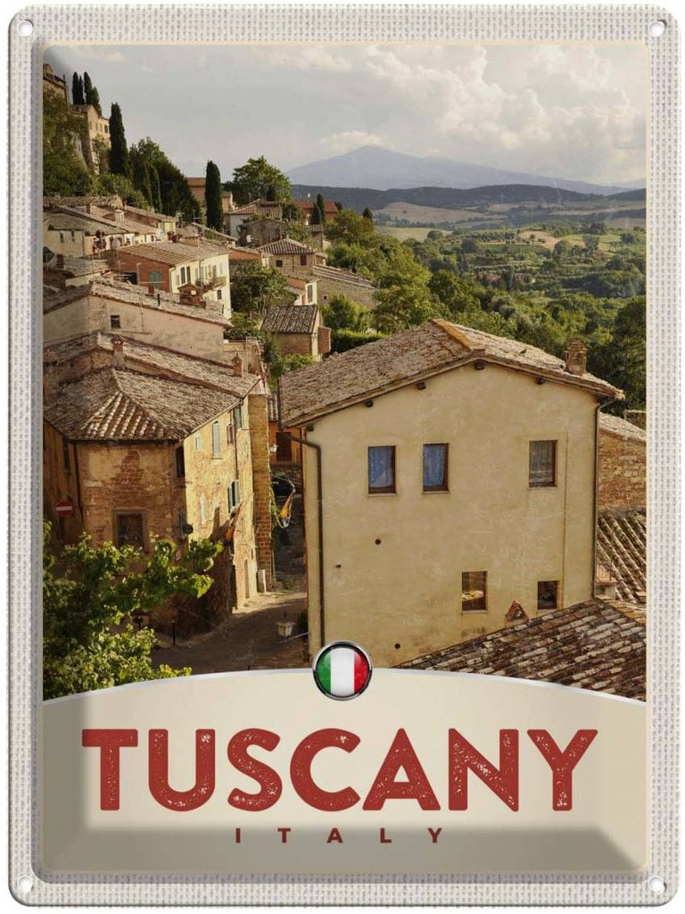 Blechschild 40x30 cm Toskana Italien Bäume Häuser Bildmotiv Reisemotiv Abenteuer Reisen Europa Urlaub