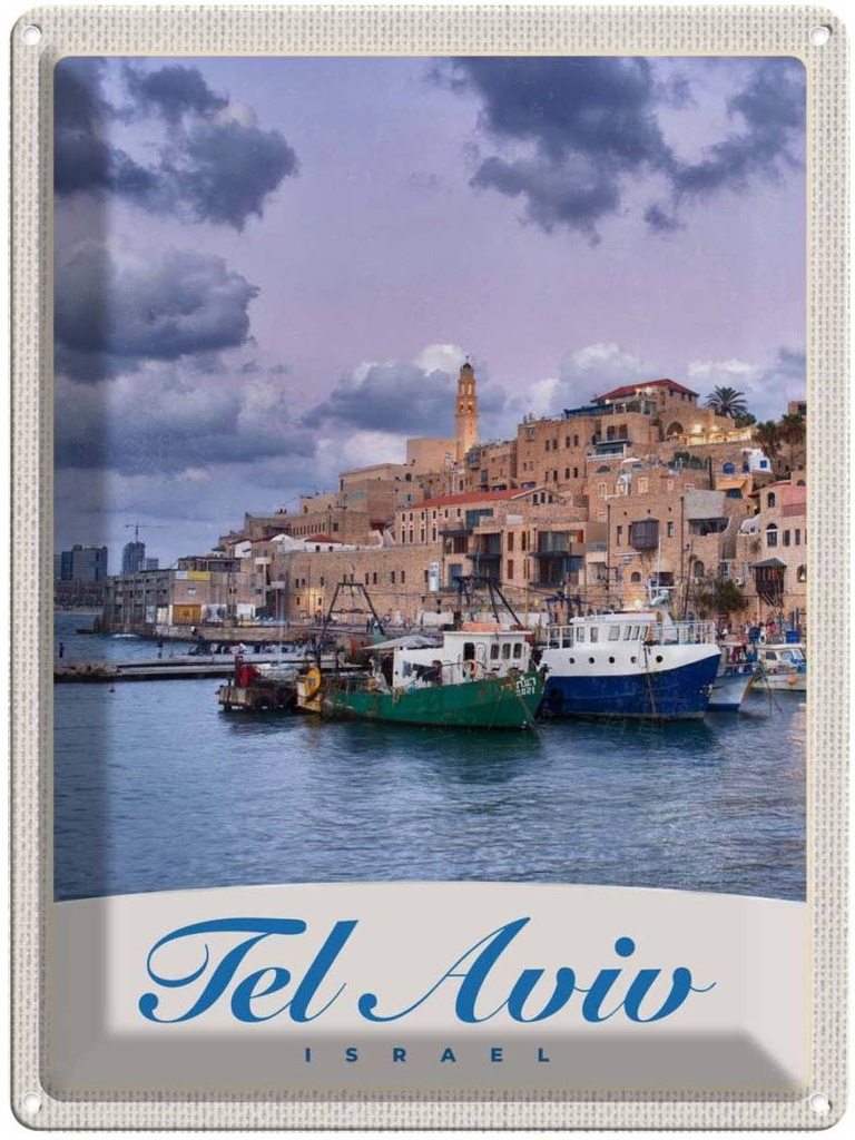 Blechschild 40x30 cm Tel Aviv Stadt Urlaub Meer Boote Bildmotiv Reisemotiv Abenteuer Reisen Straße