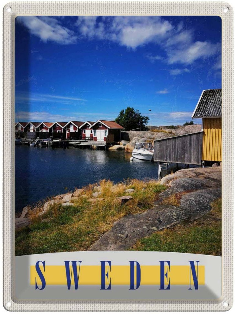 Blechschild 40x30 cm Schweden Meer Häuser Boote Bildmotiv Reisemotiv Abenteuer Reisen Urlaub