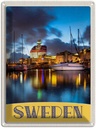 Blechschild 40x30 cm Schweden Boote Gebäude Meer Bildmotiv Reisemotiv Abenteuer Reisen Europa Urlaub