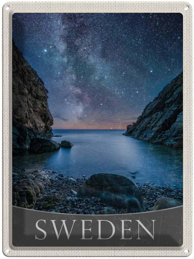 Blechschild 40x30 cm Schweden Strand Gebirge Sterne Bildmotiv Reisemotiv Abenteuer Reisen Europa Urlaub