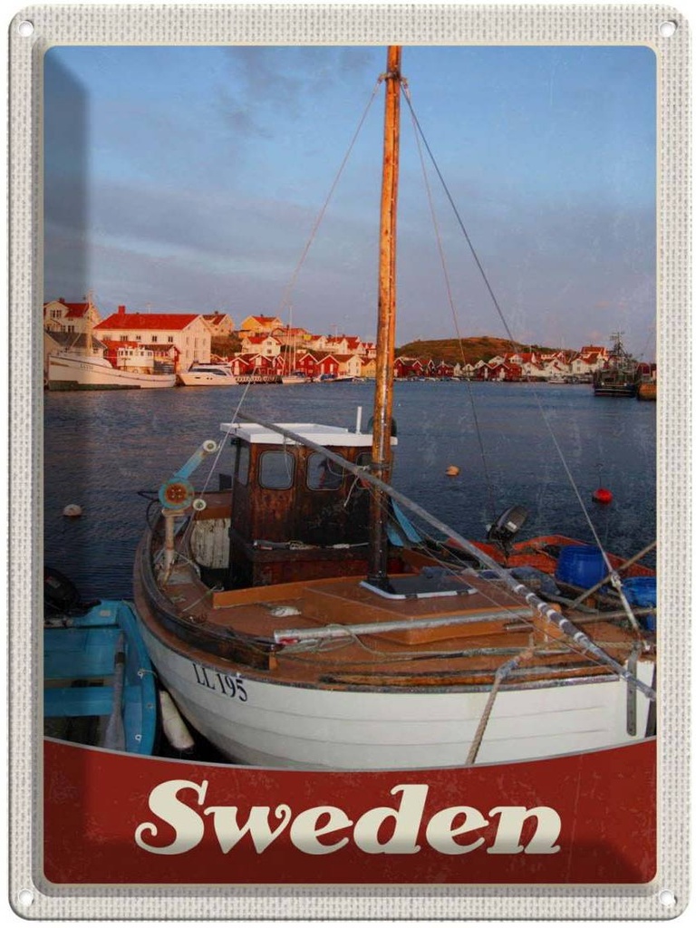 Blechschild 40x30 cm Schweden Europa Urlaub Meer Shiff Gebäude Bildmotiv Reisemotiv Abenteuer Reisen