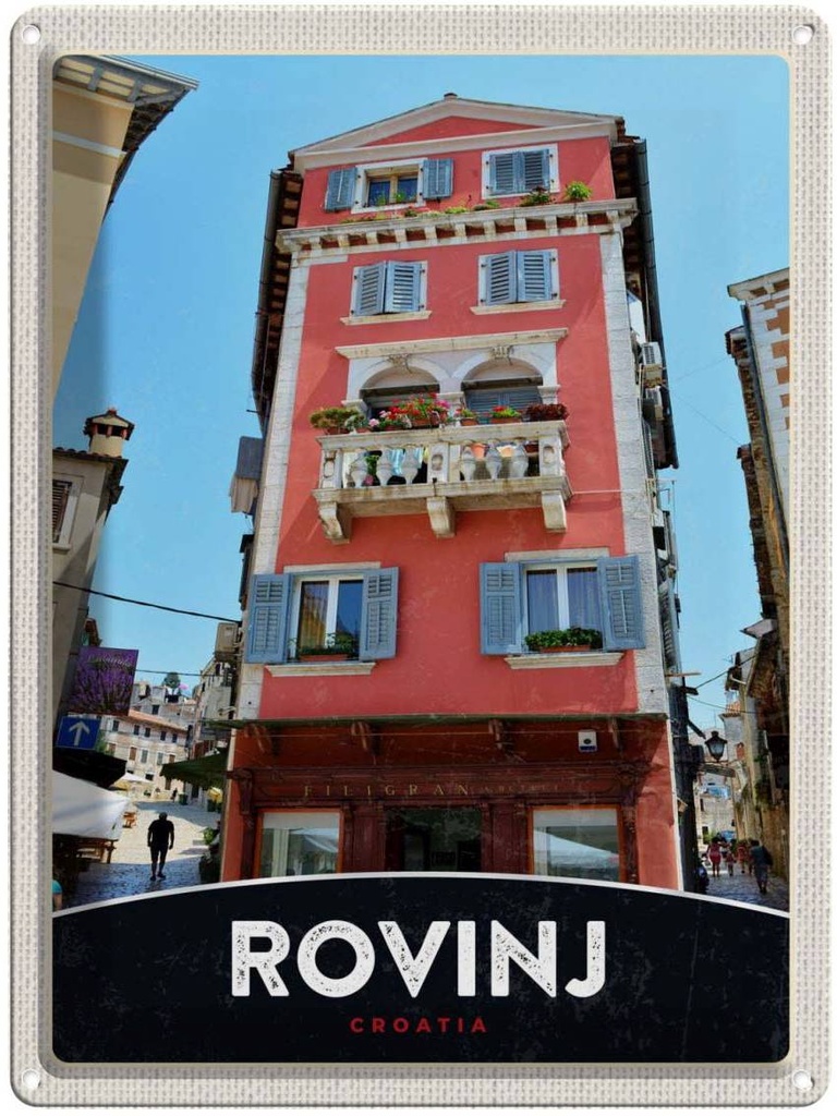 Blechschild 40x30 cm Rovinj Kroatien Urlaub Haus rot Blumen Bildmotiv Reisemotiv Abenteuer Reisen Europa