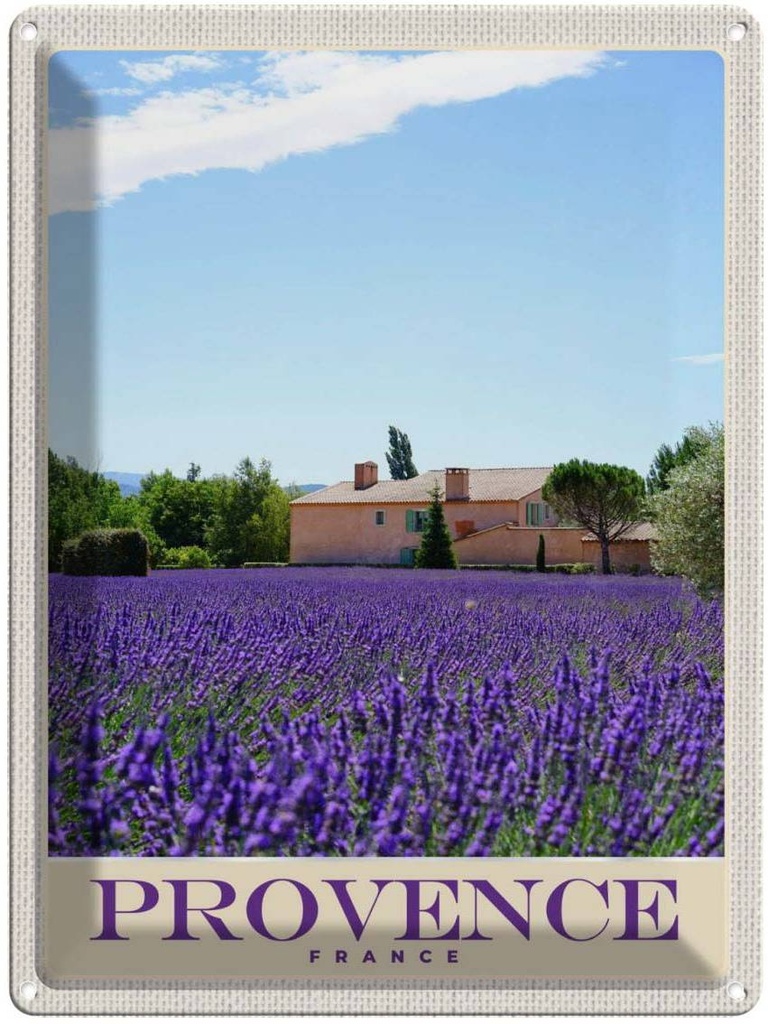 Blechschild 40x30 cm Provence Frankreich Urlaub Natur Haus lila Bildmotiv Reisemotiv Abenteuer Reisen Europa