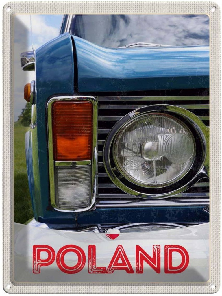 Blechschild 40x30 cm Polen Europa Urlaub Oldtimer Auto 90er Bildmotiv Reisemotiv Abenteuer Reisen