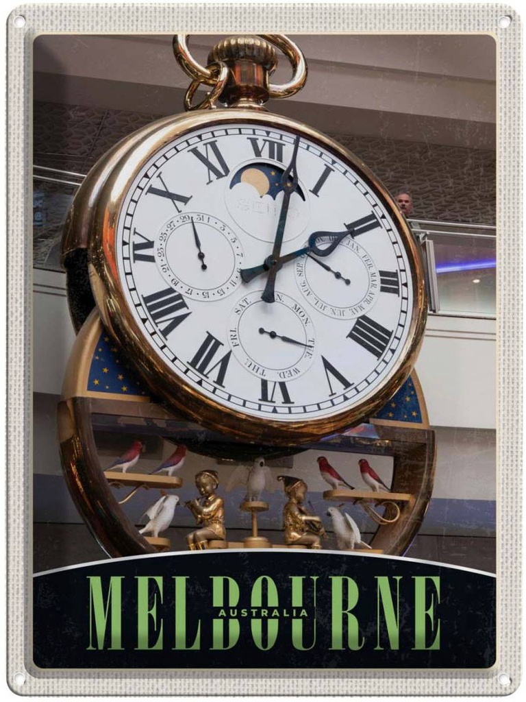 Blechschild 40x30 cm Melbourne Australien Uhr Vögel Bildmotiv Reisemotiv Abenteuer Reisen Dekoration Urlaub