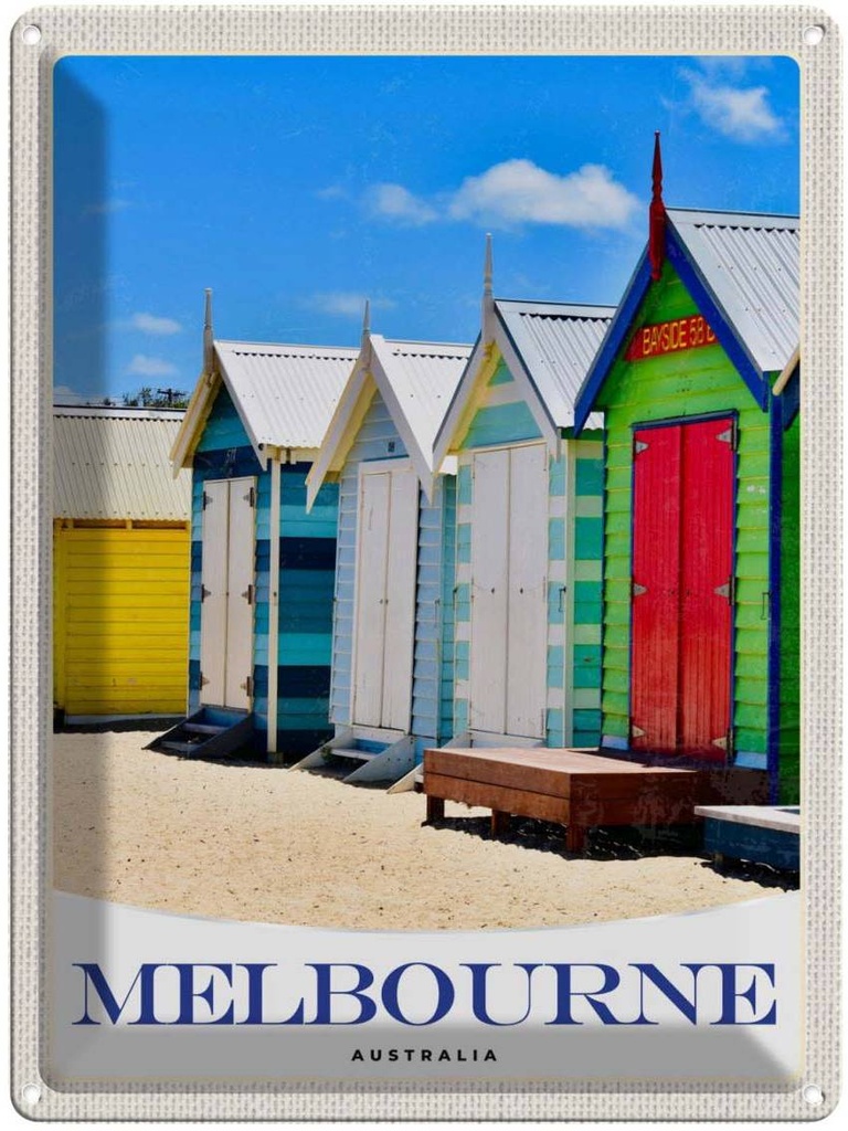 Blechschild 40x30 cm Melbourne Australien Strandhaus Bildmotiv Reisemotiv Abenteuer Reisen Urlaub