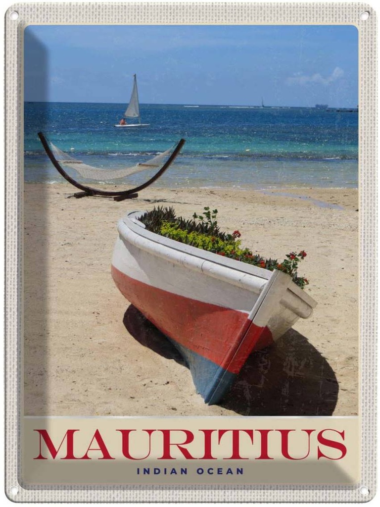 Blechschild 40x30 cm Mauritius Indischer Ozean Boot Bildmotiv Reisemotiv Abenteuer Reisen Urlaub