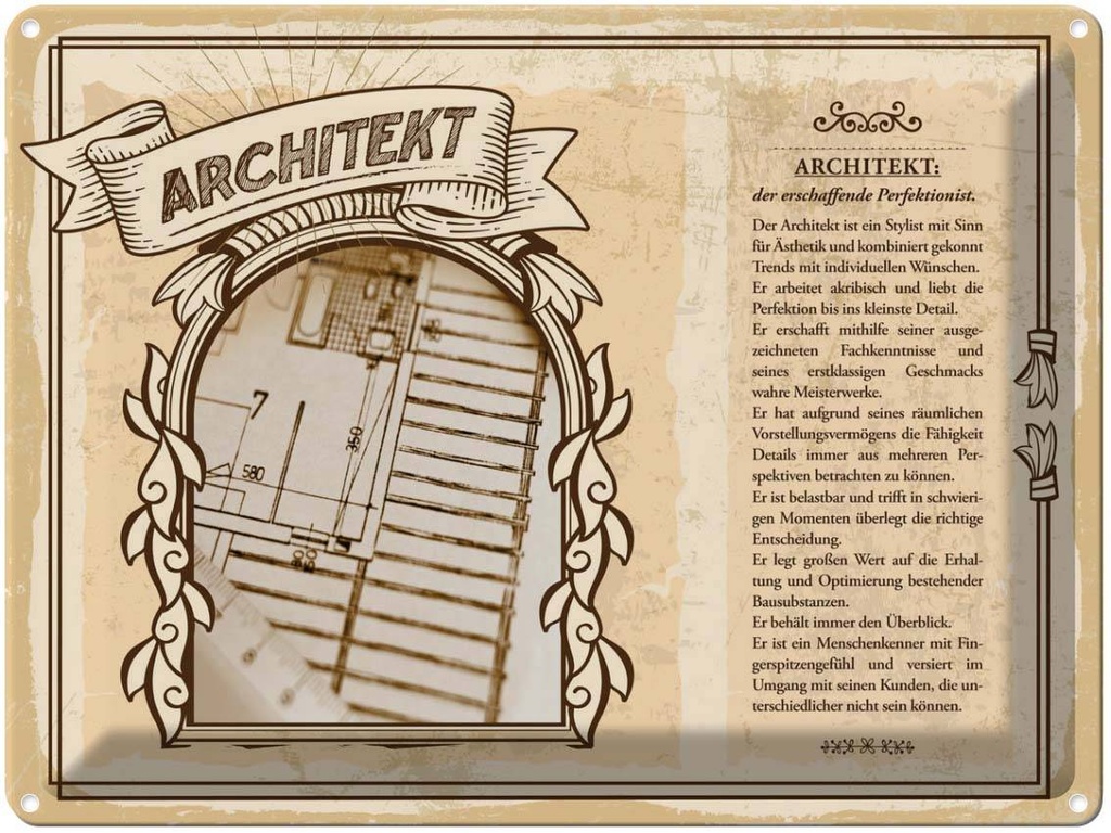 Blechschild 30x40 cm Architekt Perefektionist Stylist Spruch Zitat