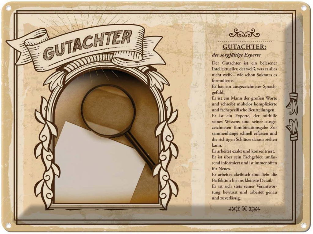 Blechschild 30x40 cm Gutachter sorgfälltiger Experte Spruch Zitat