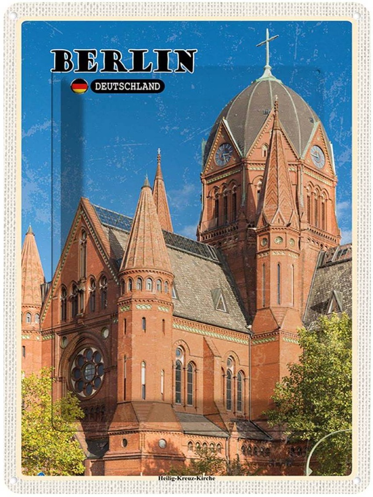 Blechschild 40x30 cm Berlin Heilig-Kreuz-Kirche Bildmotiv Reisemotiv Abenteuer Reisen Straße Stadt Urlaub