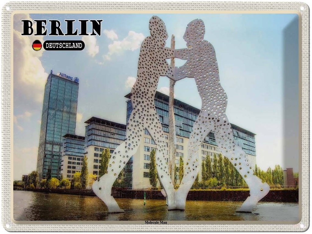 Blechschild 30x40 cm Berlin Molecule Urlaub Mann Skulptur Bildmotiv Reisemotiv Abenteuer Reisen Straße Stadt