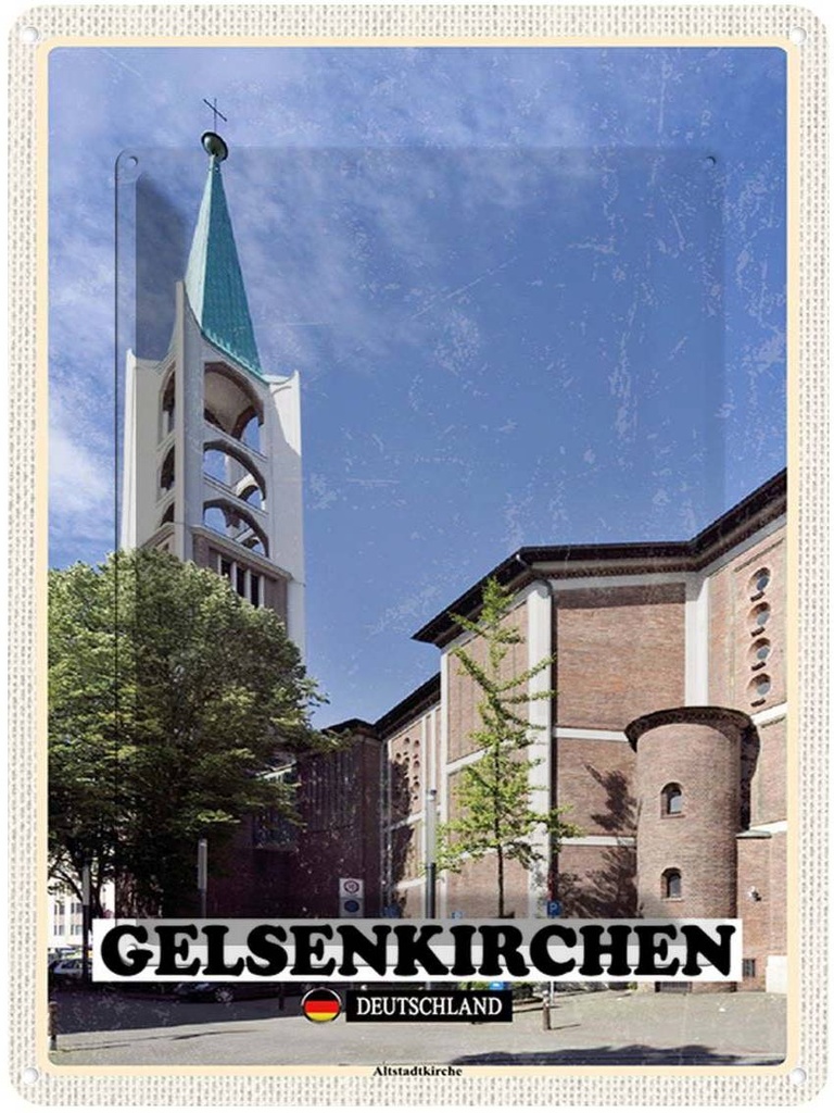 Blechschild 40x30 cm Gelsenkirchen Alstadtkirche Bildmotiv Reisemotiv Abenteuer Reisen Straße Stadt Urlaub