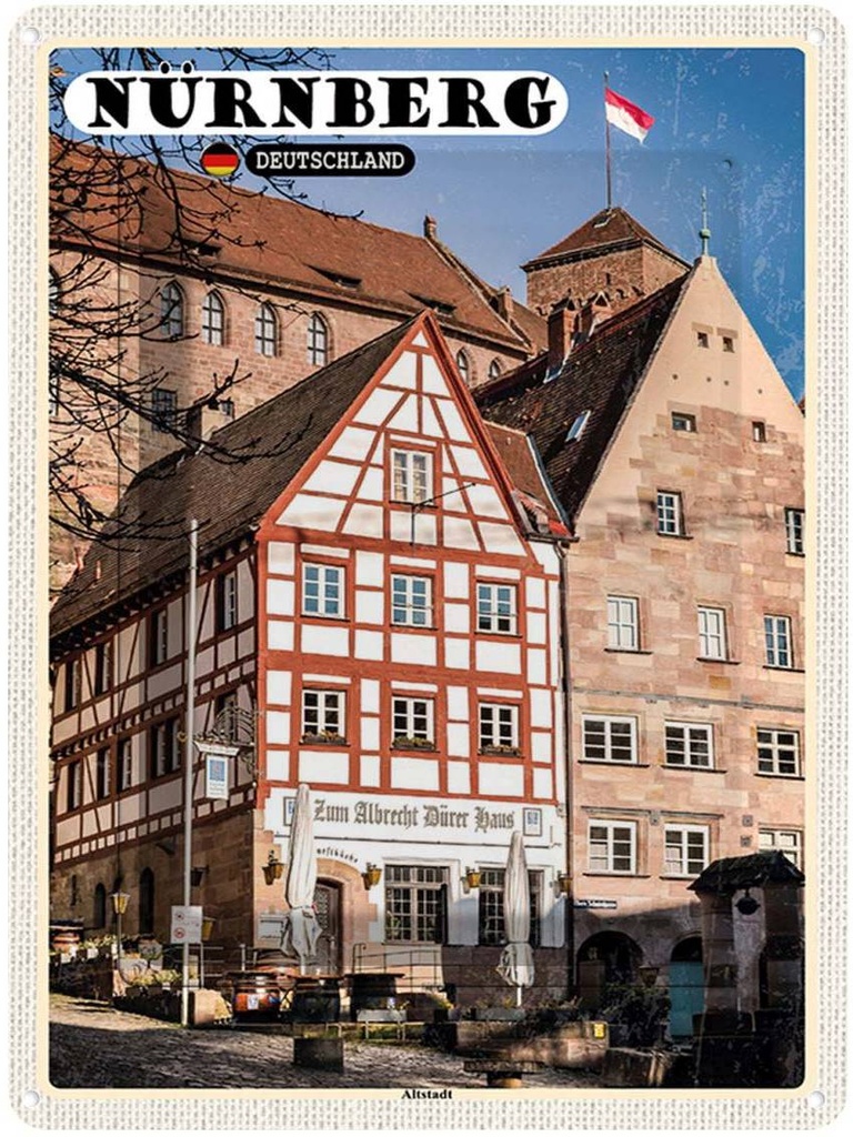 Blechschild 40x30 cm Nürnberg Deutschland Altstadt Bildmotiv Reisemotiv Abenteuer Reisen Straße Stadt Urlaub