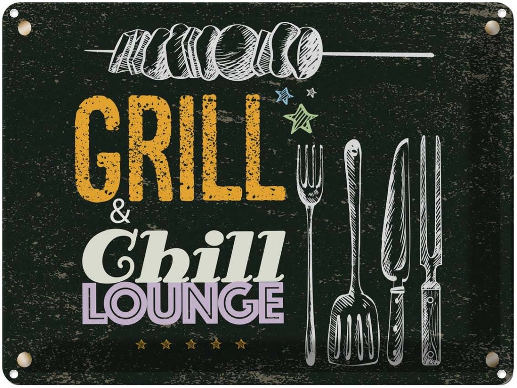 Blechschild 30x40 cm Grill & Chill Lounge grau Essen Trinken