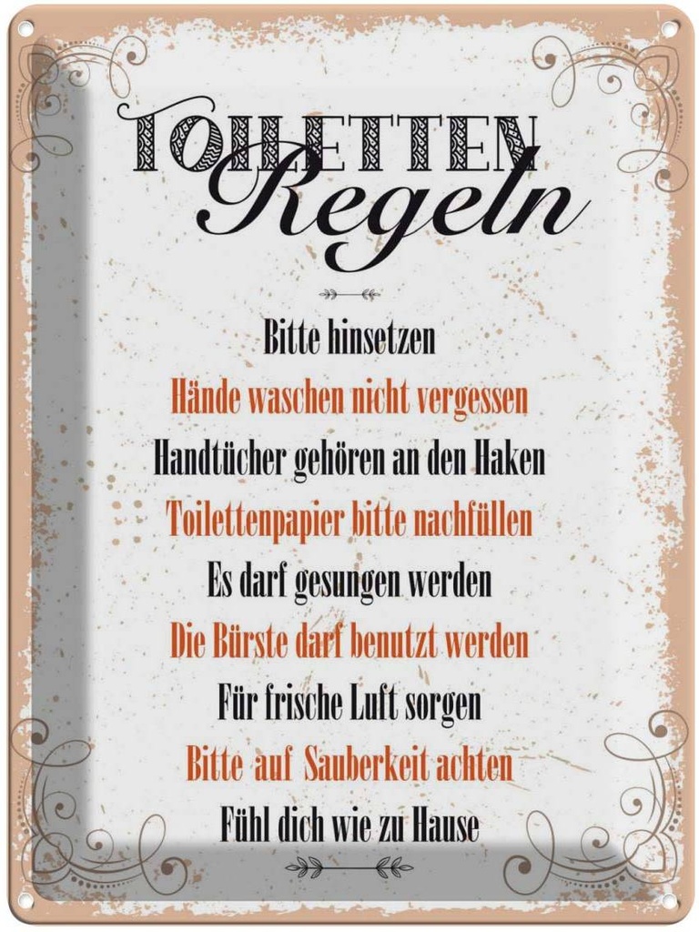 Blechschild 40x30 cm Toiletten Regeln weiß beige Muster Warnschild Hinweisschild Sicherheit Vorsicht