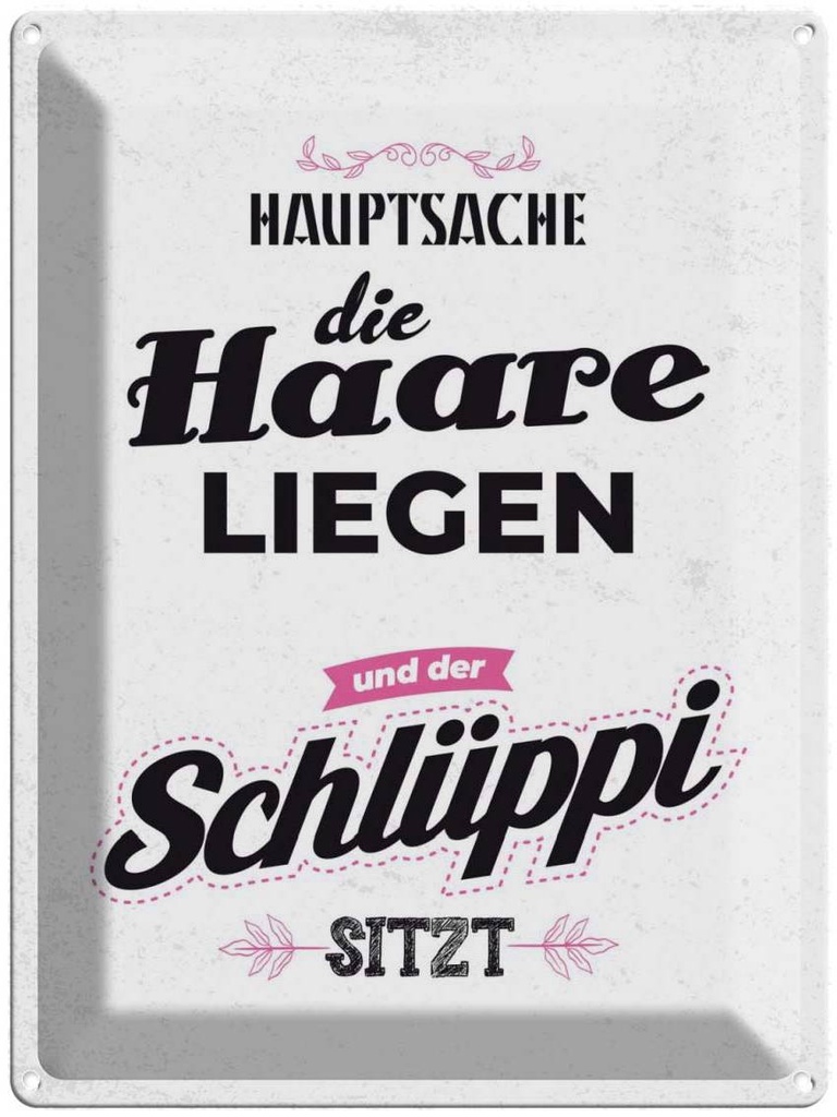 Blechschild 40x30 cm Hauptsache Haare liegen Schlüppi Spruch Zitat