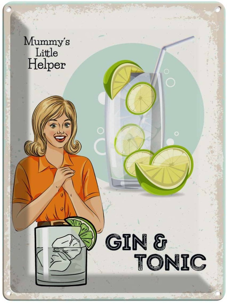 Blechschild 40x30 cm Mummy´s little Helper Gin & Tonic Essen Trinken