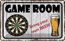 Blechschild 12x18 cm Dart game room bring your Beer Essen Trinken