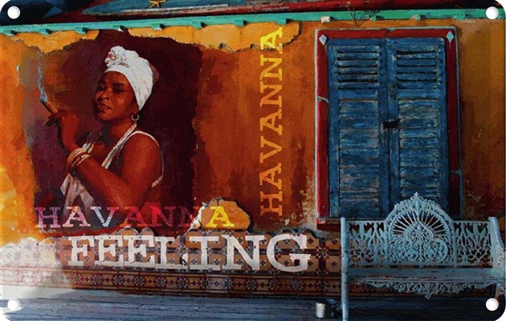 Blechschild 20x30 cm Havanna Feeling Frau mit Zigarre Männer Frauen Spruch Zitat