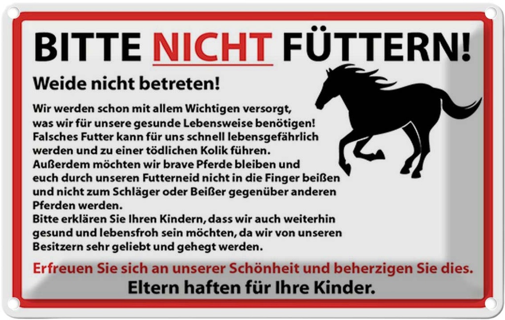 Blechschild 20x30 cm Bitte nicht füttern Pferde Warnschild Hinweisschild Sicherheit Vorsicht