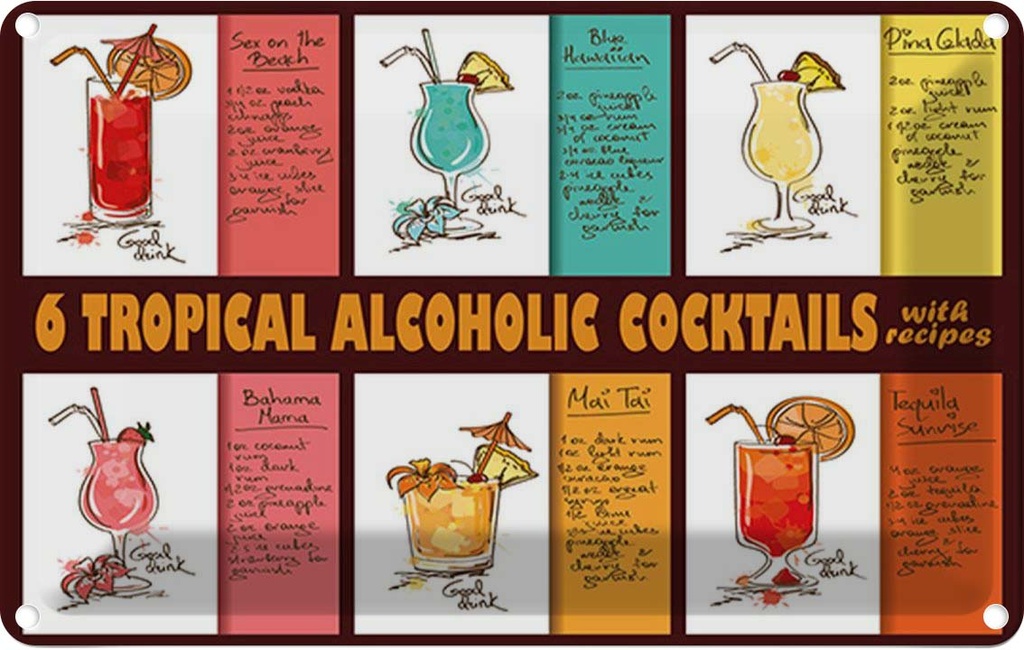 Blechschild 12x18 cm Alkohol 6 tropical cocktails recipes