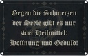 Blechschild 12x18 cm Schmerzen Seele zwei Heilmittel Spruch Zitat