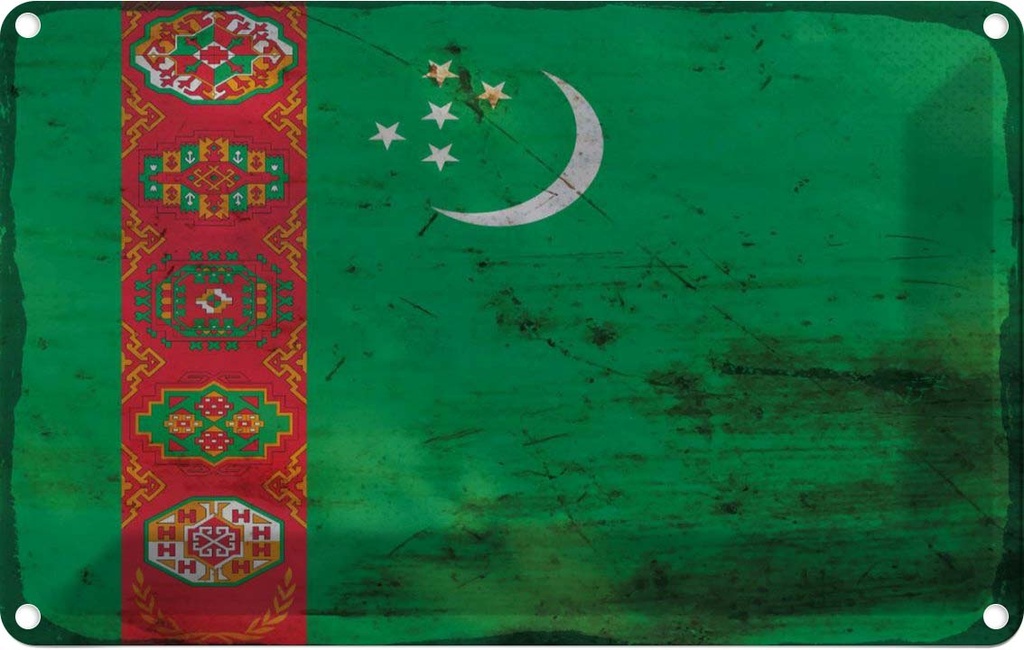 Blechschild 20x30 cm Turkmenistan Rost Flagge Fahne Wappen