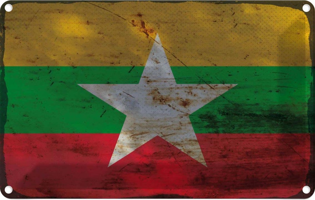 Blechschild 12x18 cm Myanmar Rost Flagge Fahne Wappen