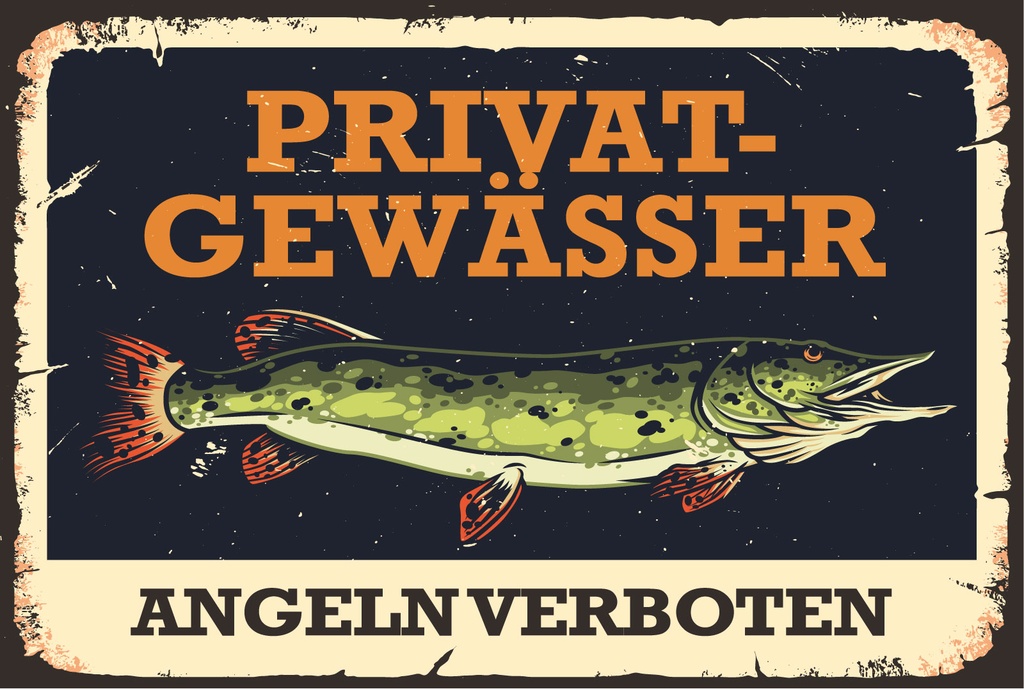 [LA-1807093] Blechschild 12x18 cm Privatgewässer Angeln verboten Hecht Fisch