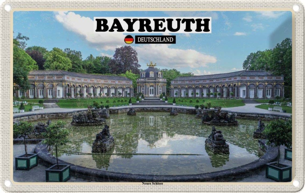 Blechschild 20x30 cm Bayreuth Neues Schloss Brunnen Bildmotiv Reisemotiv Abenteuer Reisen Urlaub