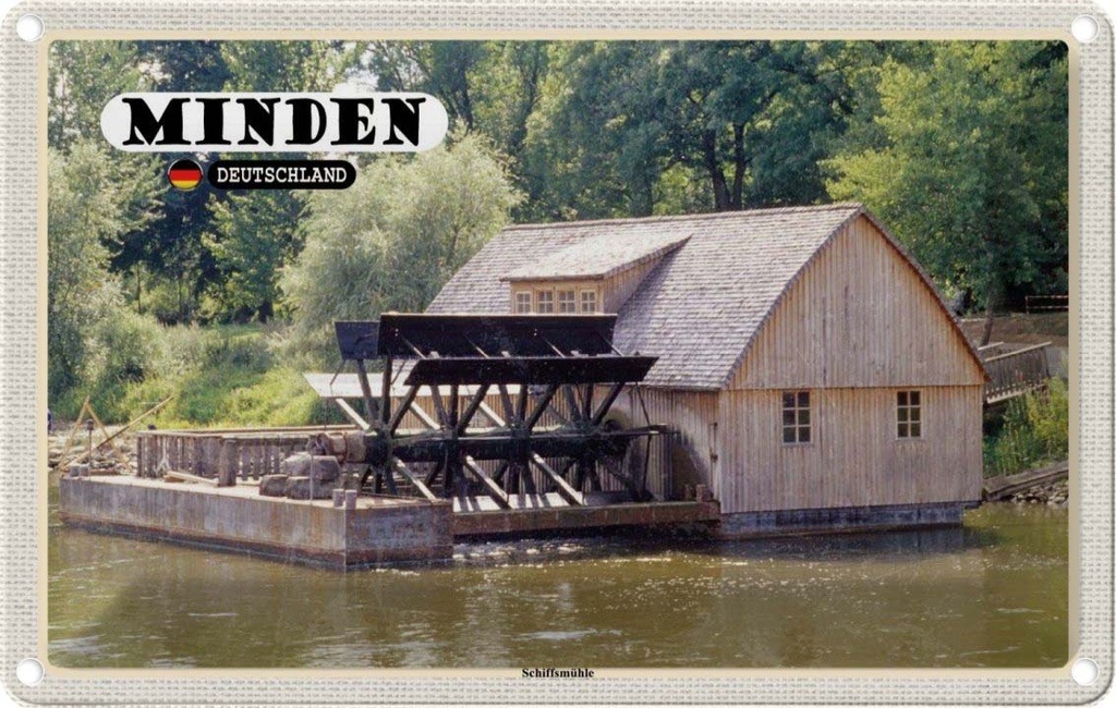 Blechschild 20x30 cm Minden Schifssmühle Fluss Bildmotiv Reisemotiv Abenteuer Reisen Urlaub