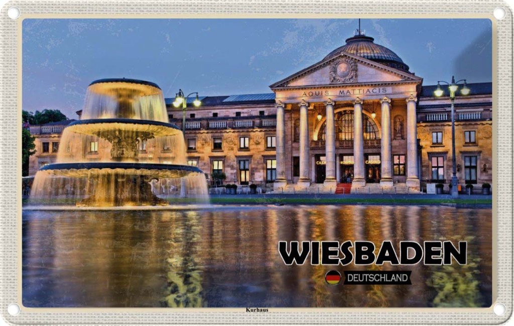 Blechschild 20x30 cm Wiesbaden Kurhaus Brunnen Bildmotiv Reisemotiv Abenteuer Reisen Urlaub