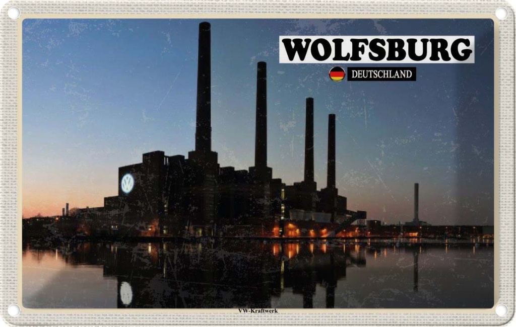 Blechschild 20x30 cm Wolfsburg VW-Kraftwerk Fluss Bildmotiv Reisemotiv Abenteuer Reisen Urlaub