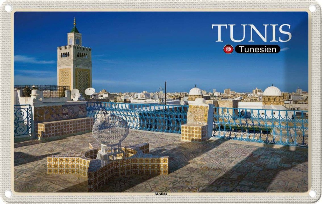 Blechschild 20x30 cm Tunis Tunesien Medina Moschee Bildmotiv Reisemotiv Abenteuer Reisen Urlaub