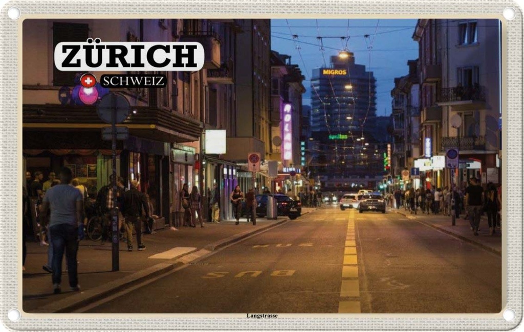 Blechschild 20x30 cm Zürich Schweiz Langstrasse Bildmotiv Reisemotiv Abenteuer Reisen Urlaub