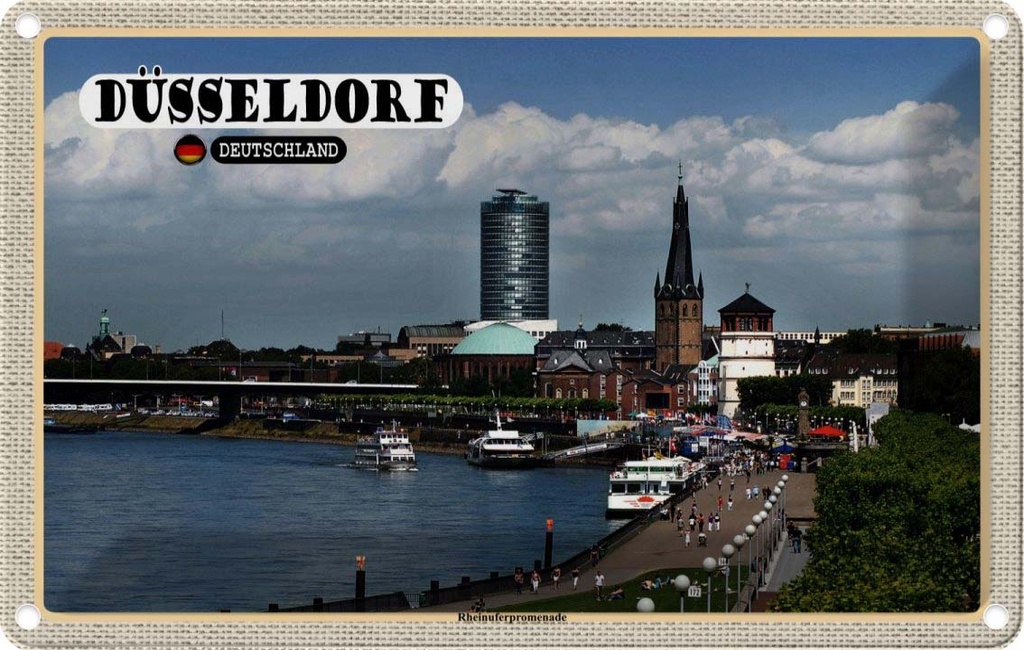 Blechschild 20x30 cm Düsseldorf Rheinuferpromenade Bildmotiv Reisemotiv Abenteuer Reisen Urlaub