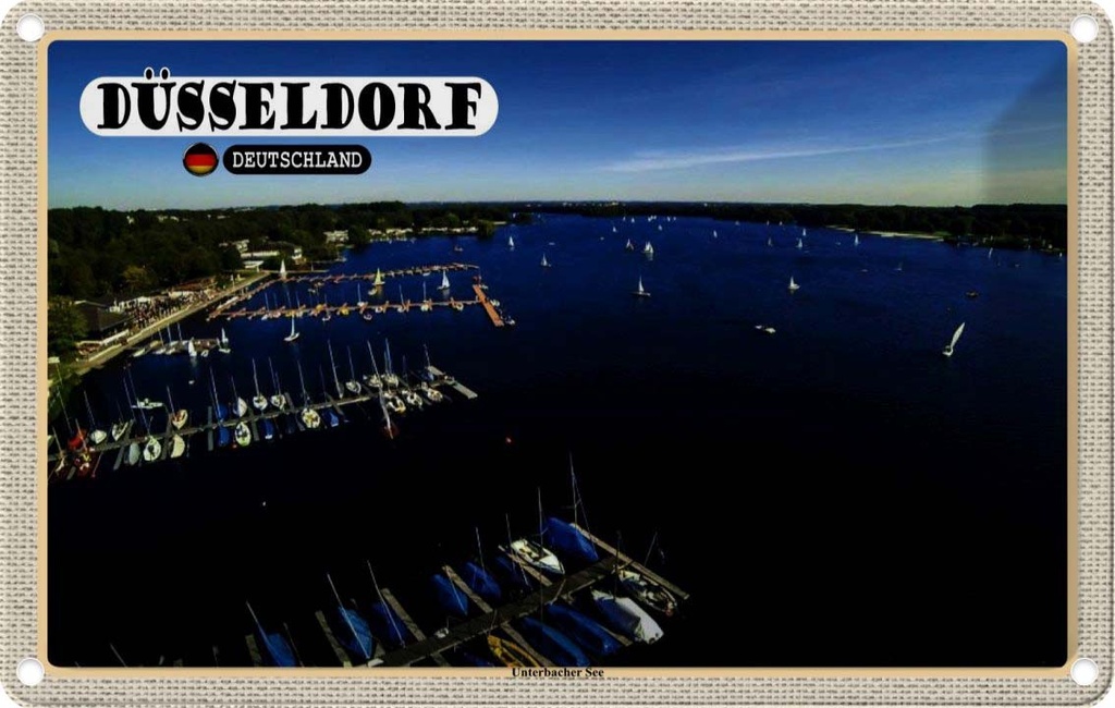 Blechschild 20x30 cm Düsseldorf Unterbacher See Boot Bildmotiv Reisemotiv Abenteuer Reisen Urlaub