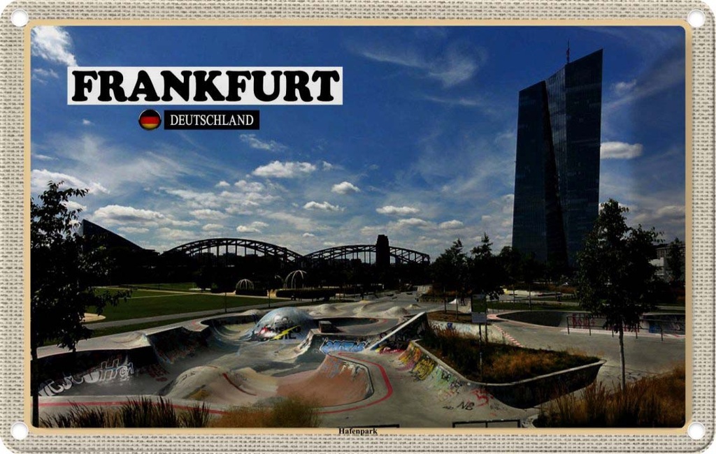 Blechschild 20x30 cm Frankfurt Hafenpark Skaterpark Bildmotiv Reisemotiv Abenteuer Reisen Urlaub