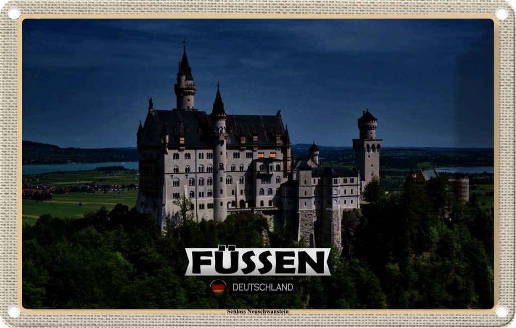 Blechschild 20x30 cm Füssen Schloss Neuschwanstein Bildmotiv Reisemotiv Abenteuer Reisen Urlaub