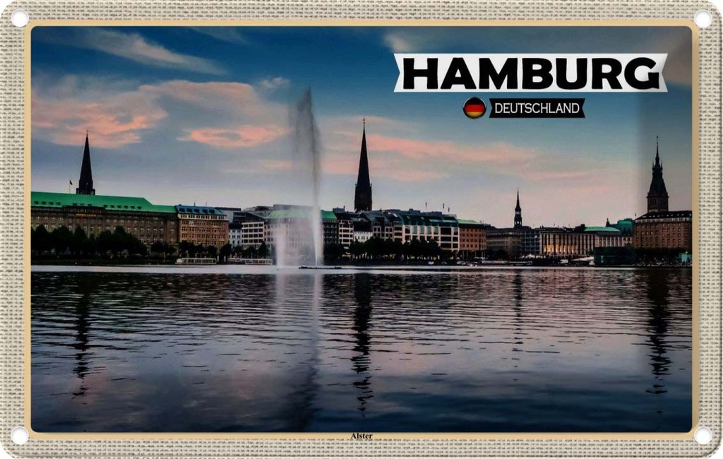Blechschild 20x30 cm Hamburg Alster Blick auf Fluss Bildmotiv Reisemotiv Abenteuer Reisen Urlaub
