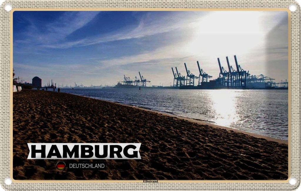 Blechschild 20x30 cm Hambrg Elbstrand Hafen Fluss Bildmotiv Reisemotiv Abenteuer Reisen Urlaub