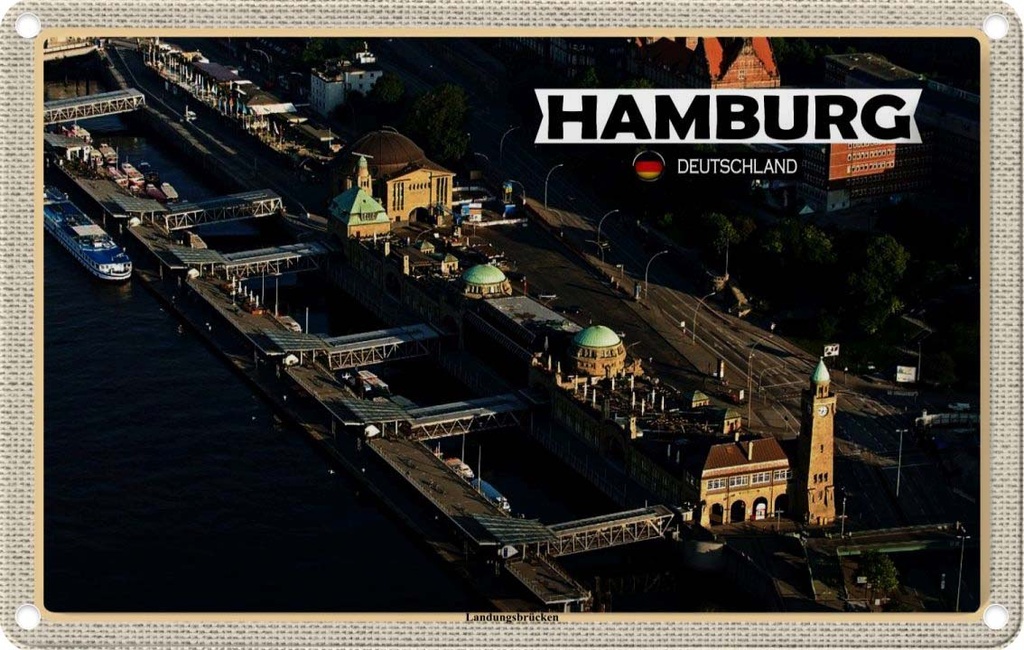 Blechschild 20x30 cm Hamburg Blick auf Landungsbrücken Bildmotiv Reisemotiv Abenteuer Reisen Urlaub