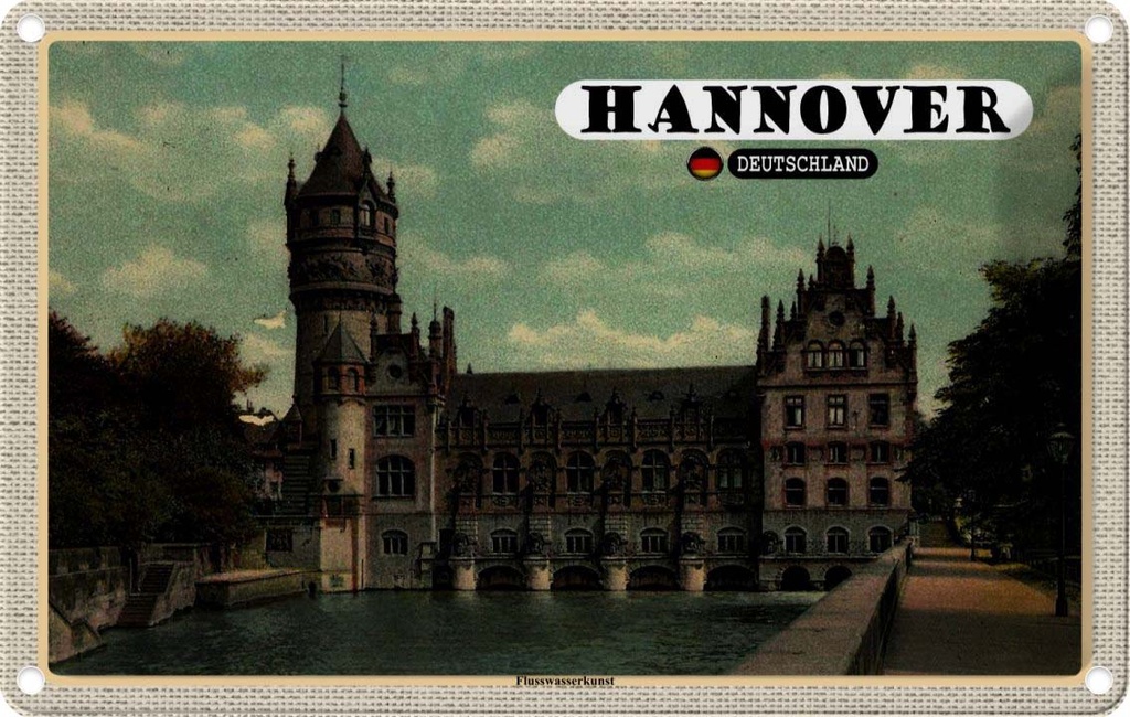 Blechschild 20x30 cm Hannover Flusswasserkunst Schloss Bildmotiv Reisemotiv Abenteuer Reisen Urlaub